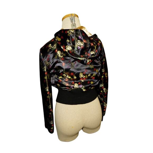 Lot29 Y2K Black Satin Skull Print Cropped Zip Hoodie Jacket Gold Logo Women’s M - Picture 5 of 13